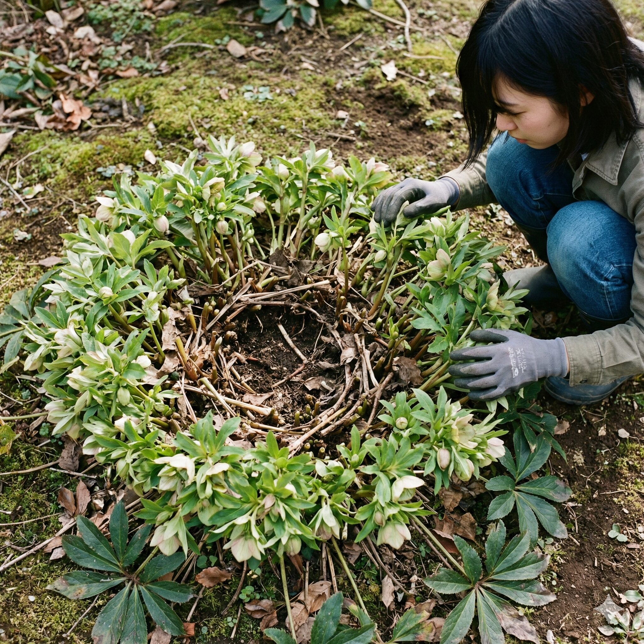 クリスマスローズ 地植え 移動7 中心部が老化してドーナツ化現象を起こしたクリスマスローズの大株