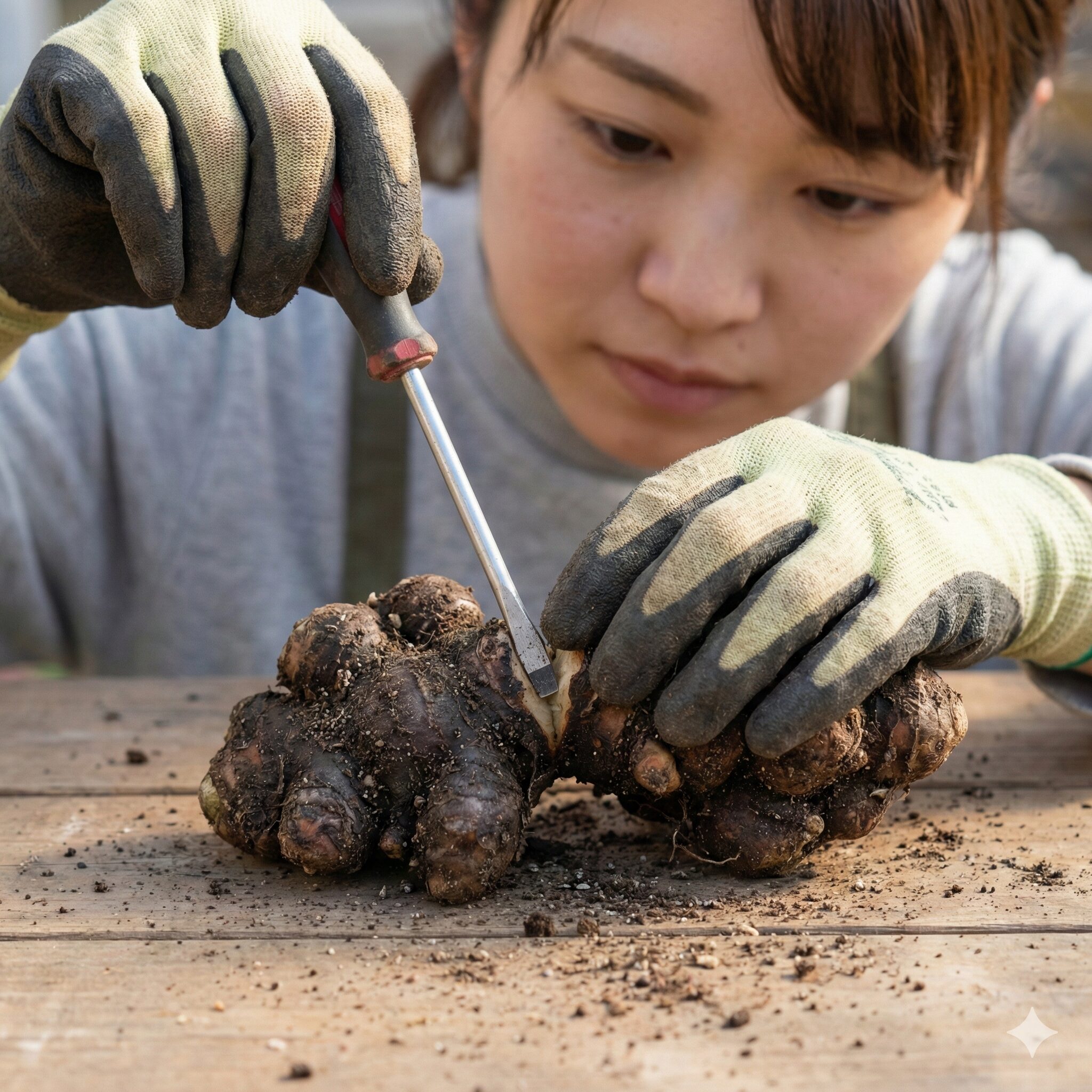 クリスマスローズ 地植え 移動8 マイナスドライバーを使って地下茎を傷めずに割るクリスマスローズの株分け術