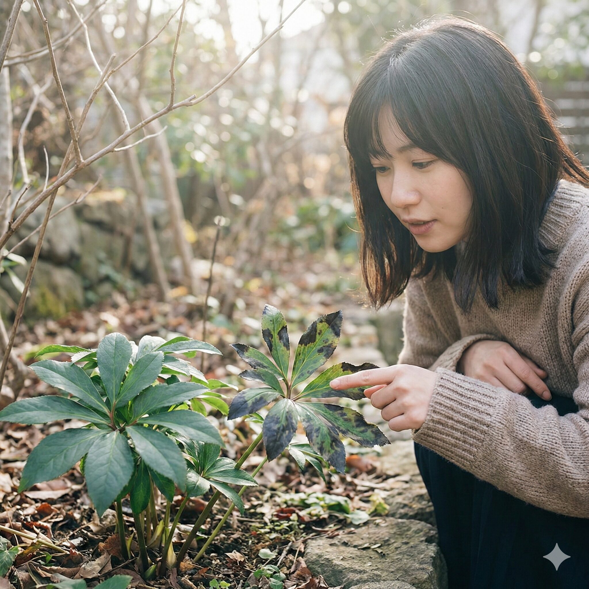 クリスマスローズ 葉が黒くなる1 健康な葉と黒く変色した葉が混在するクリスマスローズの株の比較写真。病気や生理現象による葉の黒ずみの見分け方を解説するための導入画像。