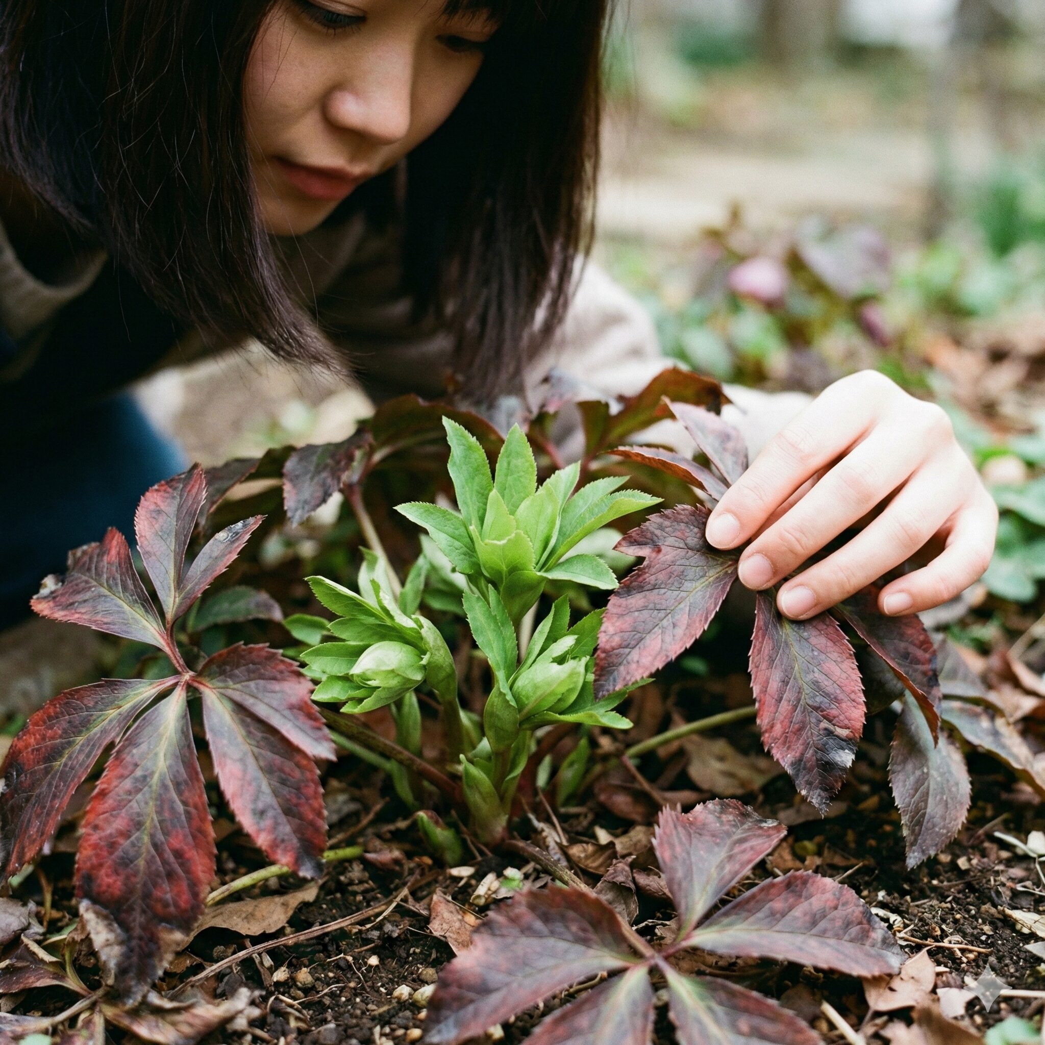 クリスマスローズ 葉が黒くなる2 クリスマスローズの自然な老化現象。中心の元気な新芽に対し、外側の古い葉が寿命により赤黒く変色している様子。生理的な落葉のサイン。