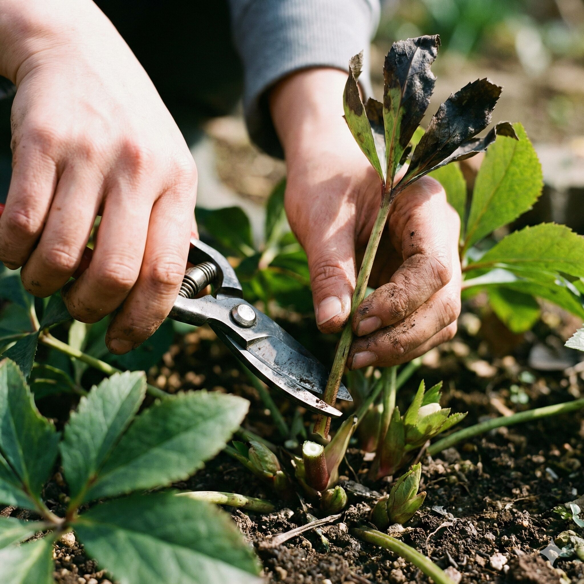 クリスマスローズ 葉が黒くなる3 園芸用ハサミを使って、黒くなったクリスマスローズの古葉を根元から剪定する作業の様子。通気性を良くし病気を予防するための古葉切りの手順。