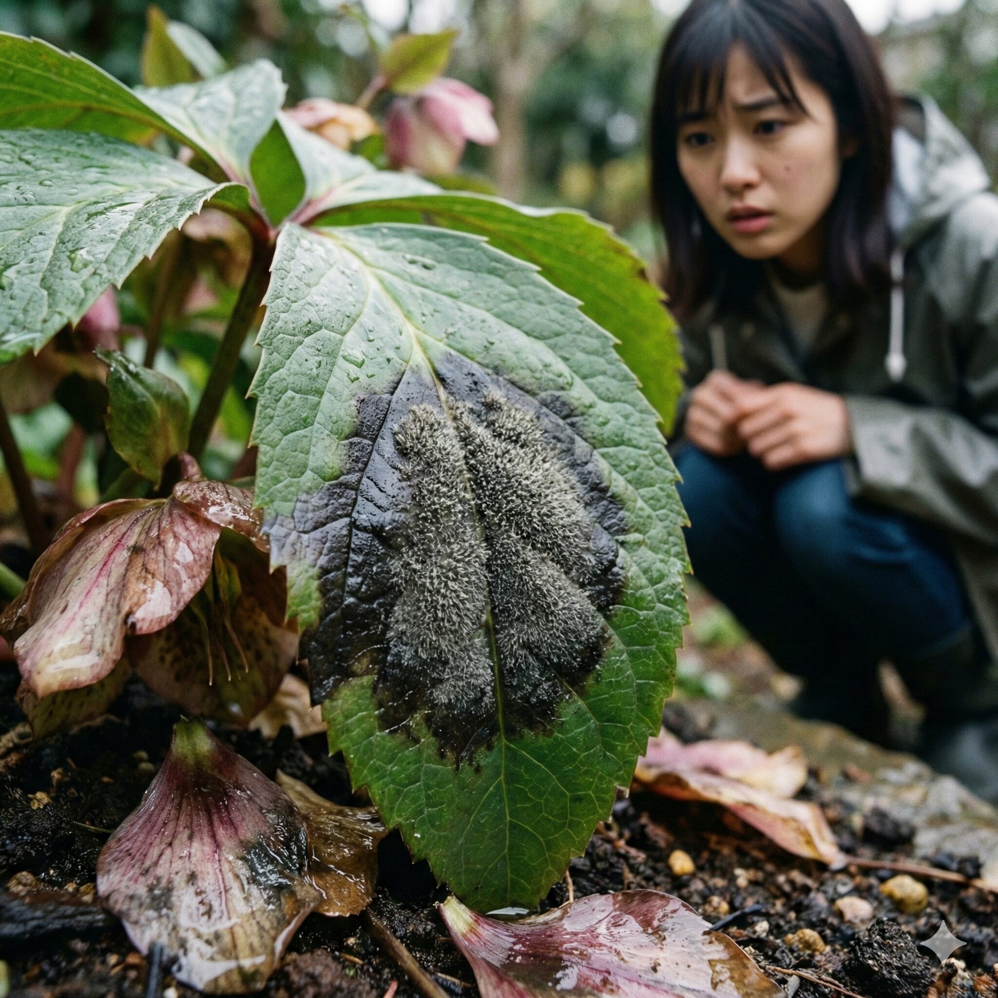 クリスマスローズ 葉が黒くなる5 クリスマスローズの灰色かび病(ボトリチス病)の症状。黒く腐敗した葉の患部に発生した、特徴的な灰色のふわふわしたカビの写真。