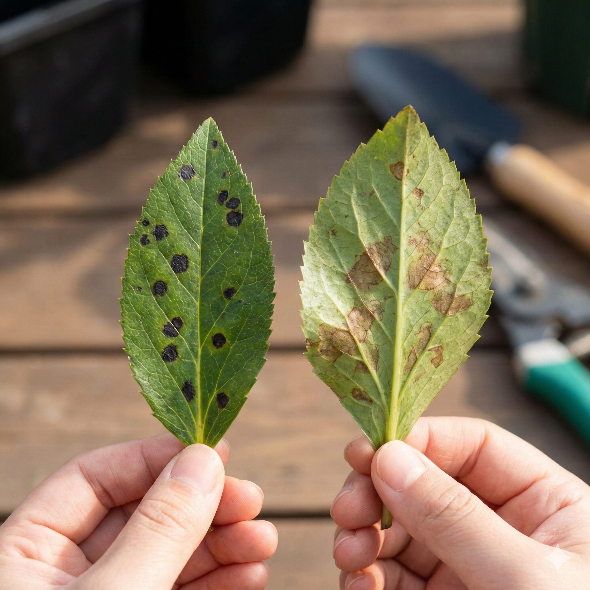 クリスマスローズ 葉が黒くなる6 クリスマスローズの葉に現れた黒点病とべと病の症状比較。左は円形の黒い斑点、右は葉脈に沿った不整形の褐色病斑を示す写真。