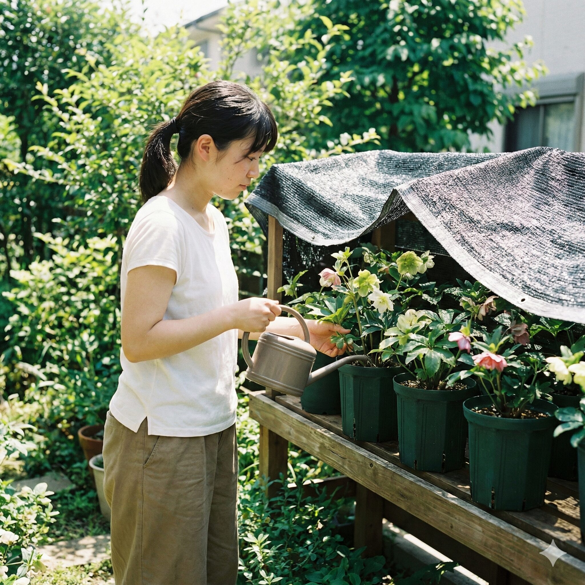 クリスマスローズ 葉が黒くなる7 夏の直射日光からクリスマスローズを守るための遮光ネット(寒冷紗)を設置した栽培環境。葉焼けと根腐れを防ぐための夏越しの工夫。