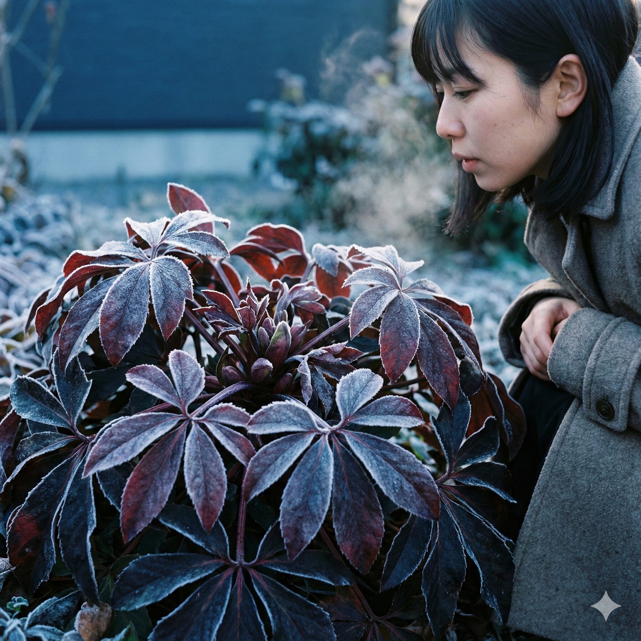 クリスマスローズ 葉が黒くなる8 冬の寒さで赤黒く変色したクリスマスローズの葉(寒害・霜焼け)。生理的な防寒反応であり、中心の新芽は健康に生きている様子を示す写真。