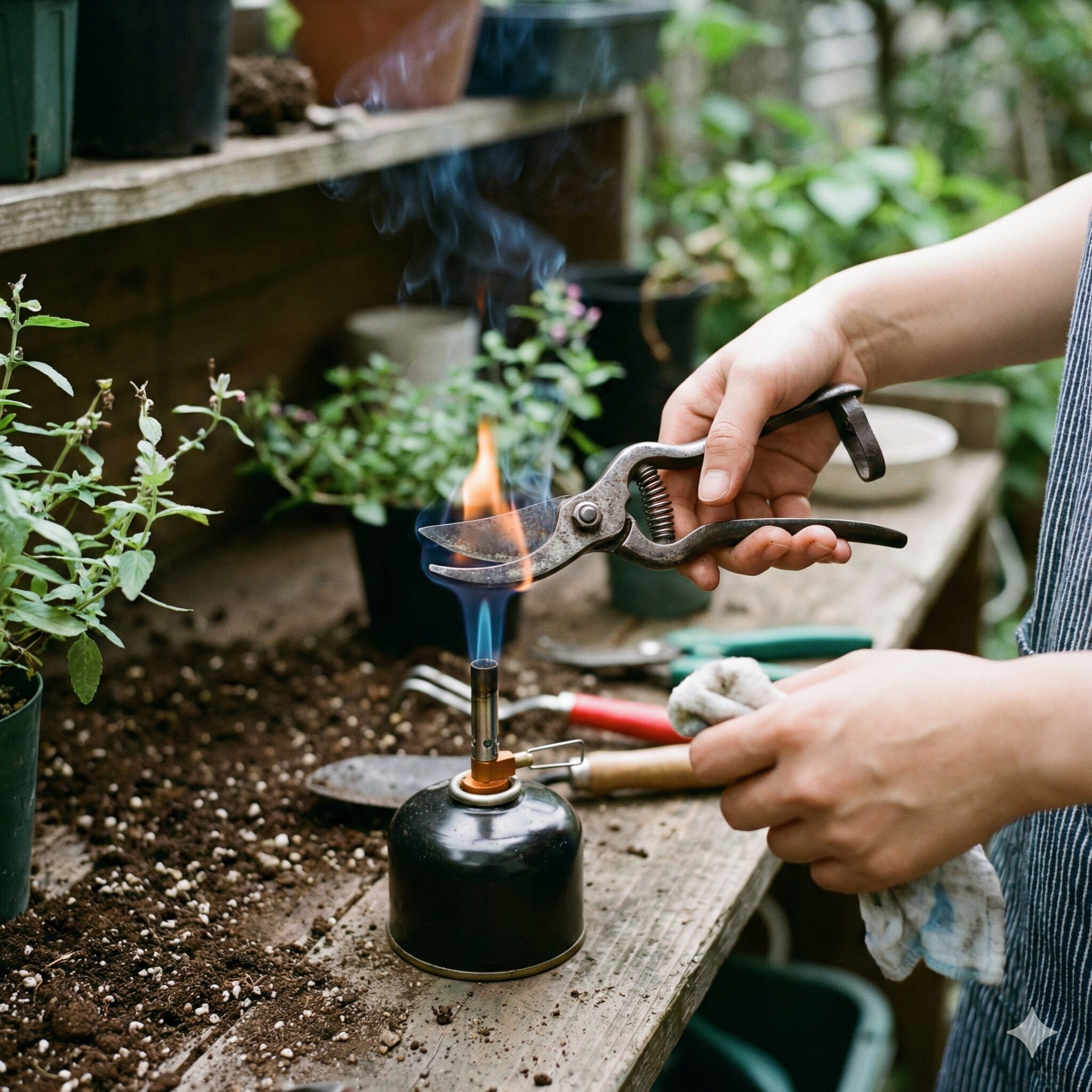クリスマスローズ 葉が黒くなる9 ブラックデスなどのウイルス感染を防ぐため、ライターの火で剪定バサミの刃を熱消毒している作業手順の写真。