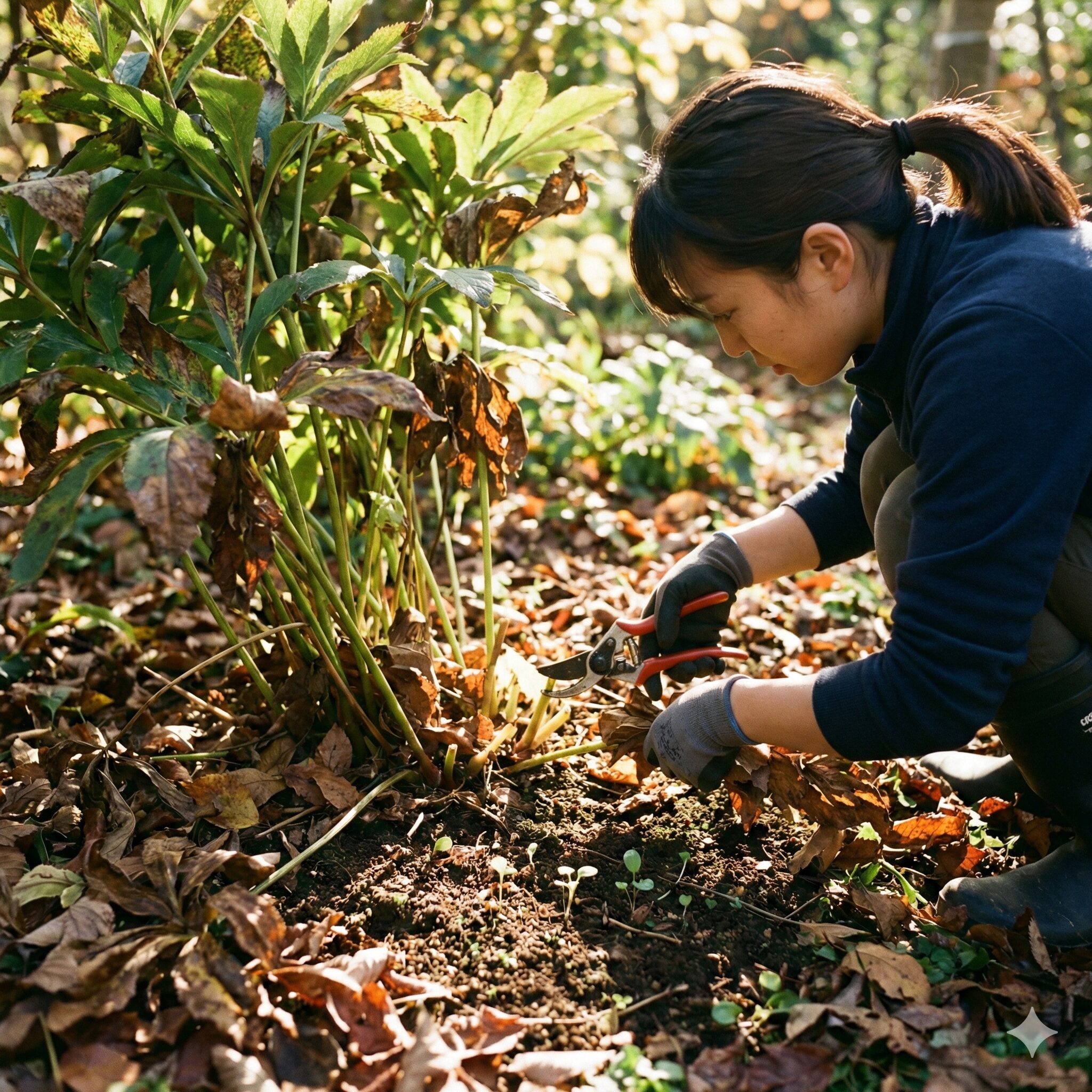 クリスマスローズこぼれ種放置10 クリスマスローズの古葉取りを行い株元の風通しと日当たりを改善する作業