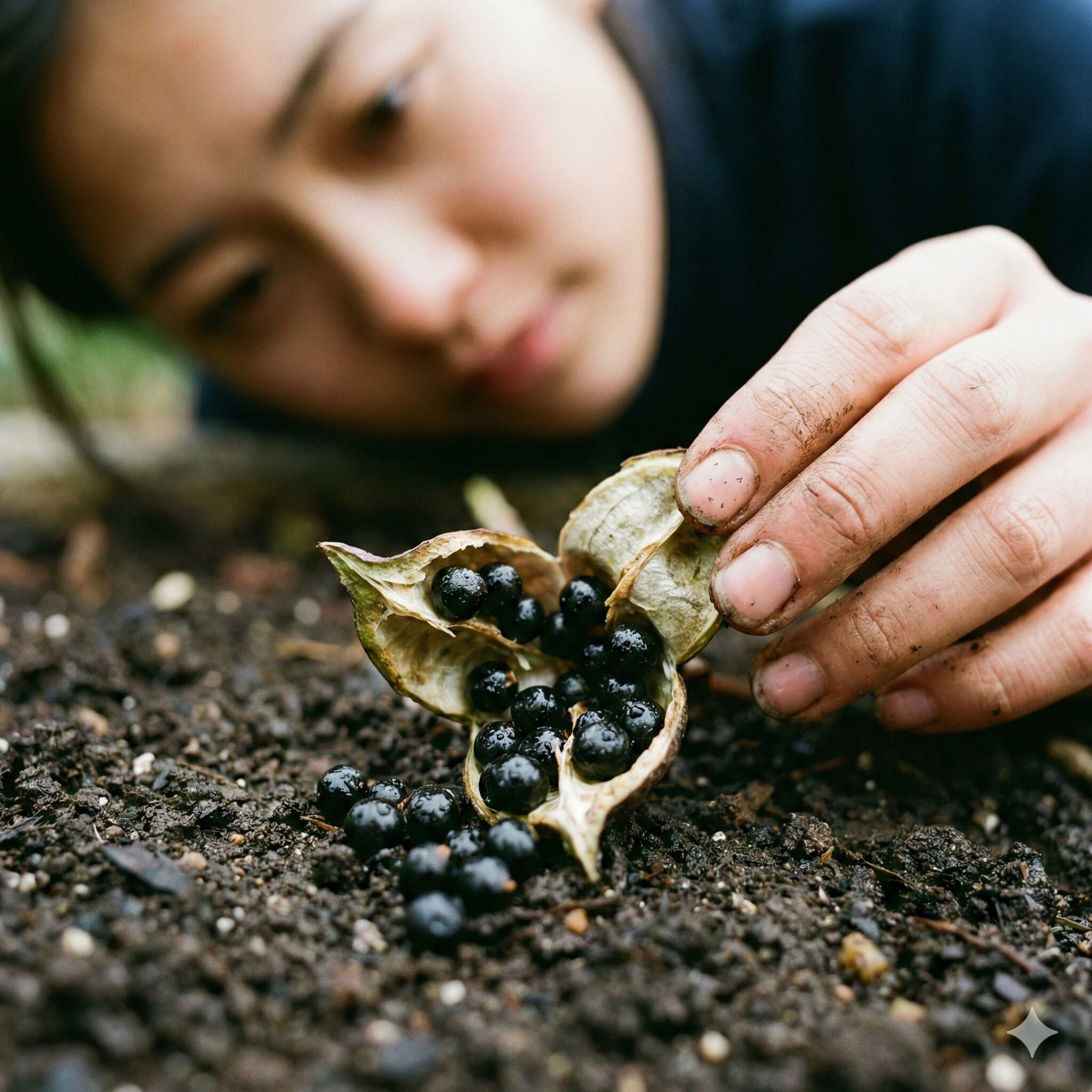 クリスマスローズこぼれ種放置2 土の上にこぼれ落ちたクリスマスローズの黒い種子のクローズアップ