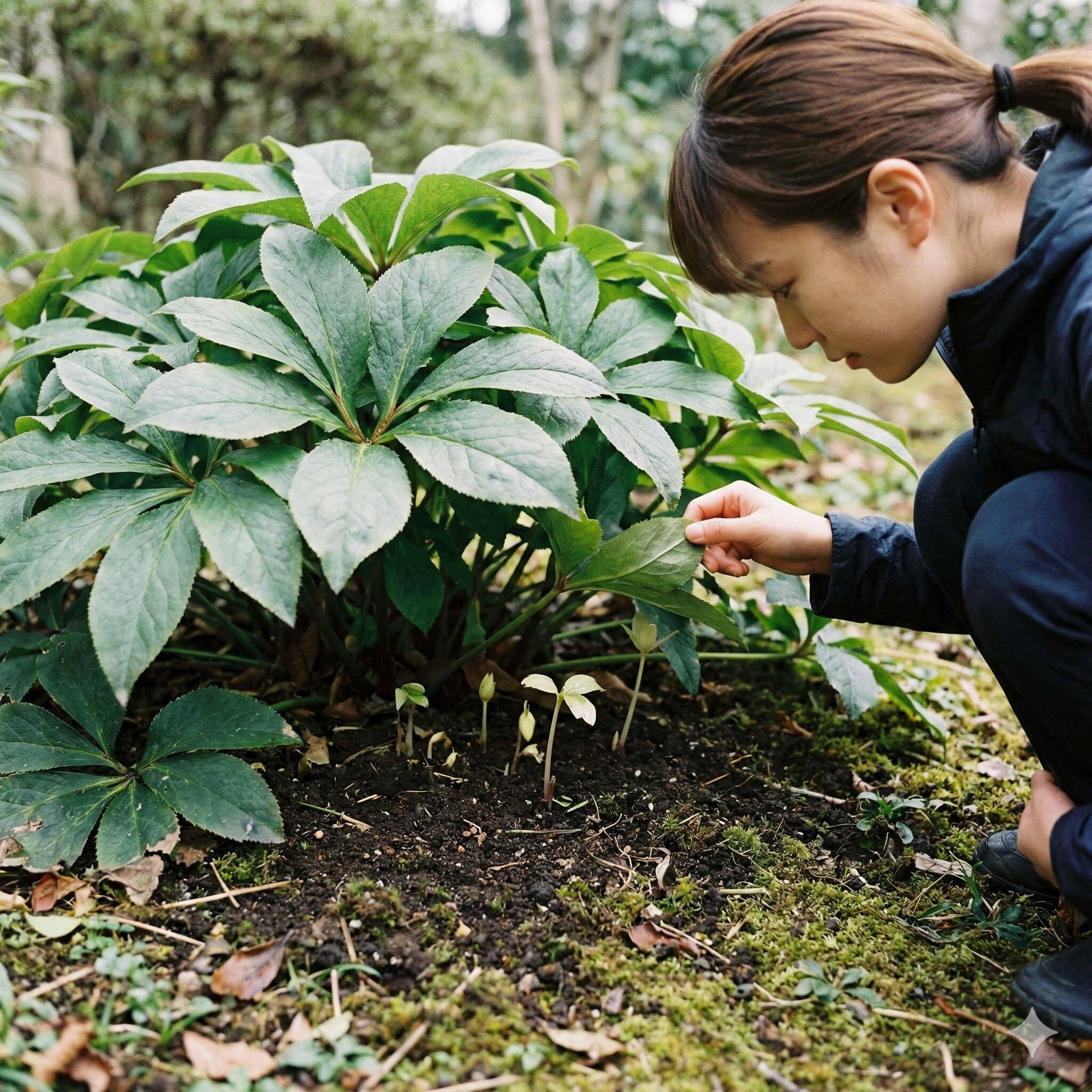 クリスマスローズこぼれ種放置3 親株の大きな葉に覆われて日陰になったクリスマスローズの実生苗