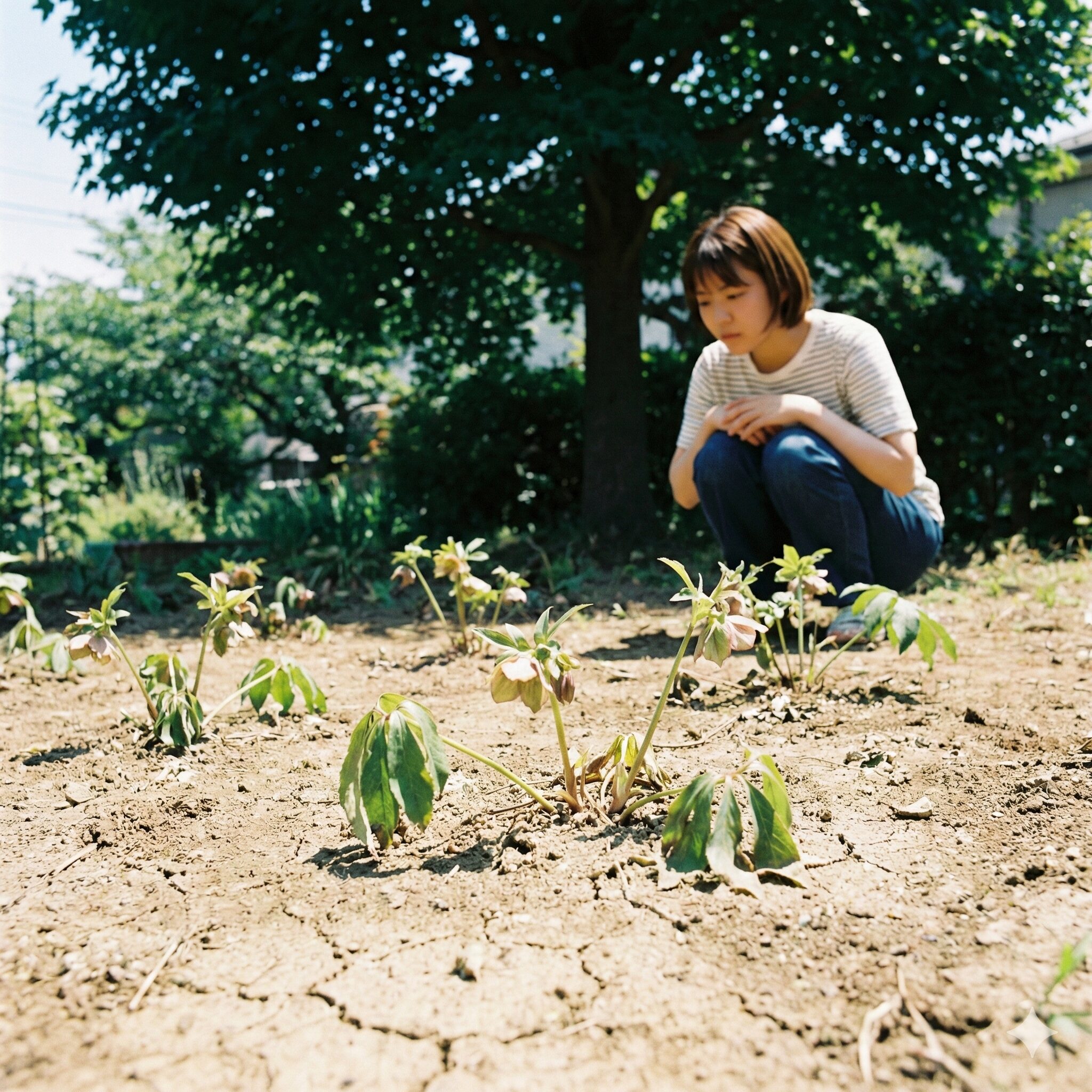クリスマスローズこぼれ種放置4 夏の直射日光と暑さにさらされるクリスマスローズの1年目苗