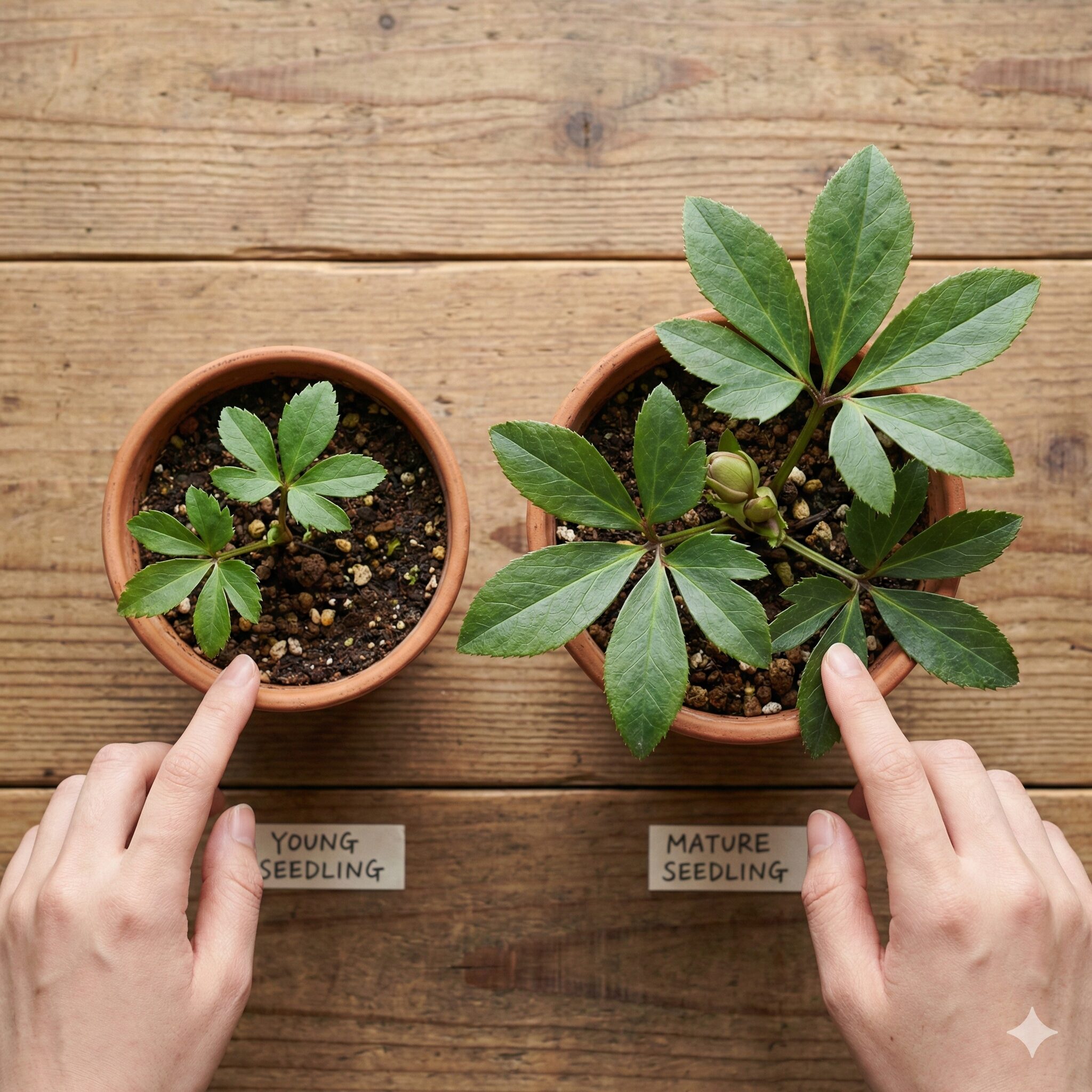 クリスマスローズこぼれ種放置6 クリスマスローズの成長段階を示す小葉の枚数が異なる葉の比較