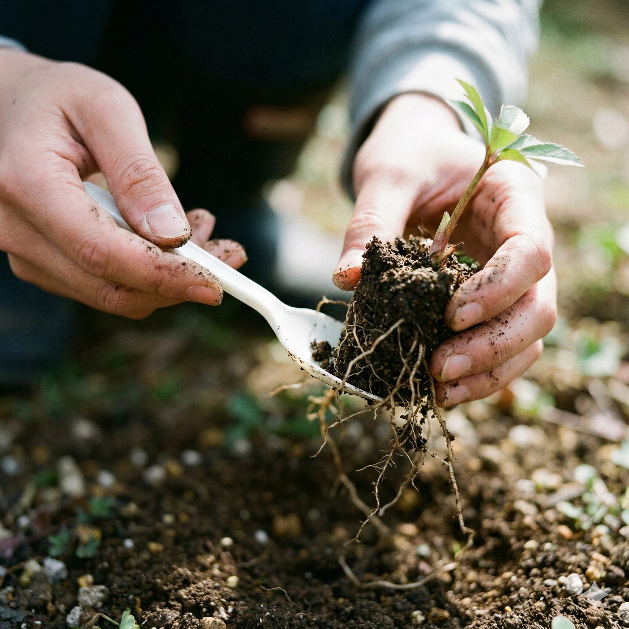 クリスマスローズこぼれ種放置7 スプーンを使って慎重にクリスマスローズの苗を掘り上げる様子