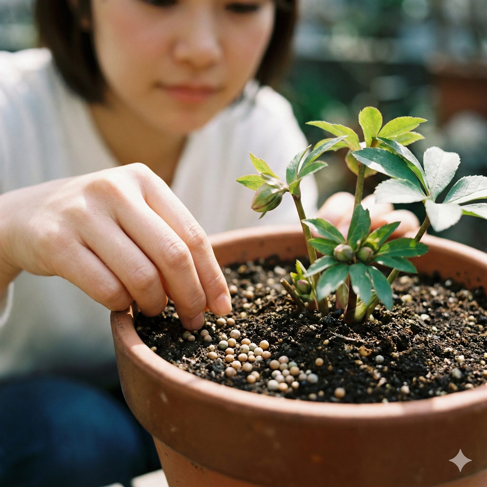 クリスマスローズこぼれ種放置9 成長を促進するためにポットの土に置かれた緩効性肥料