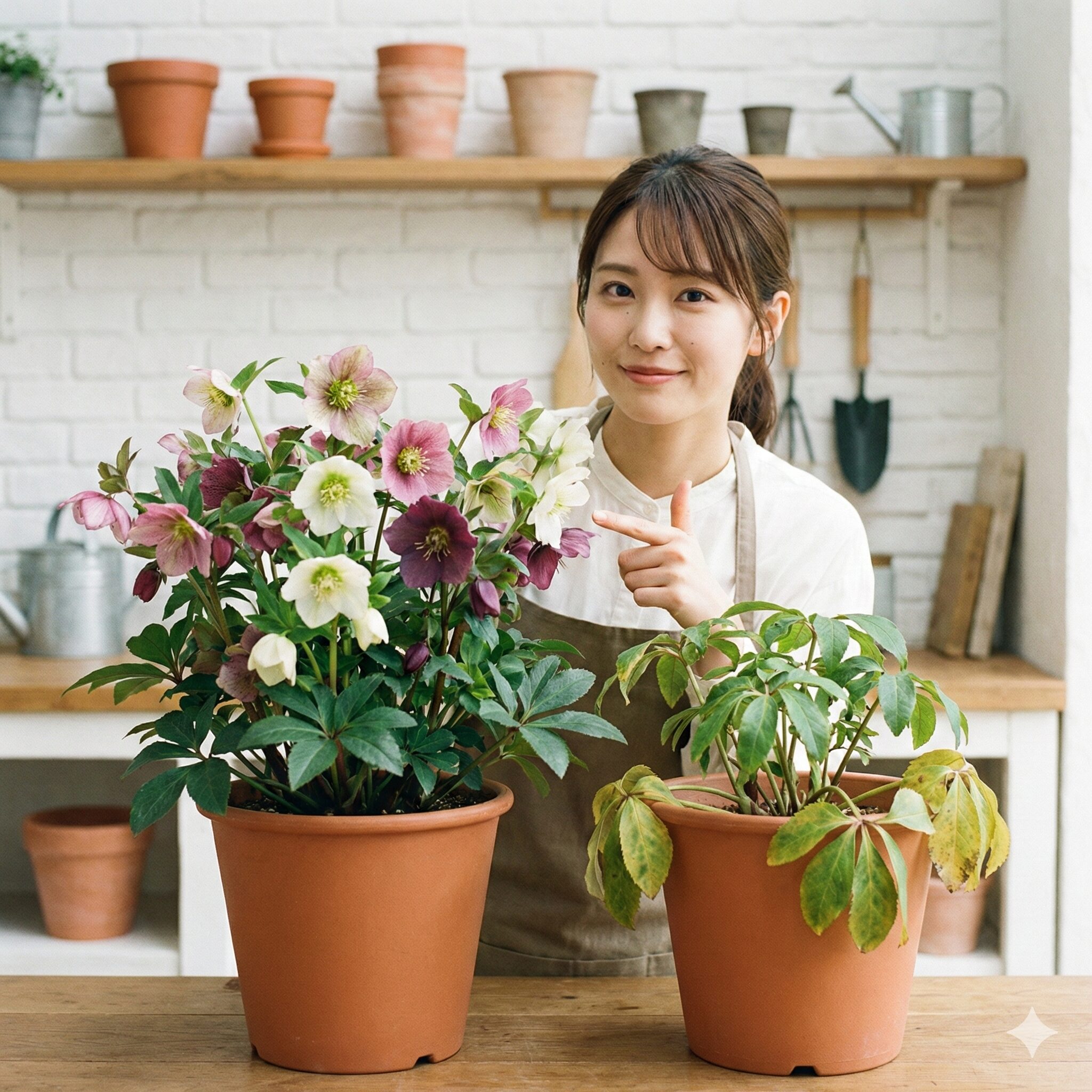 クリスマスローズ植え替え失敗1　クリスマスローズの健康な株としおれた株の比較。植え替え失敗からの復活をイメージしたアイキャッチ。