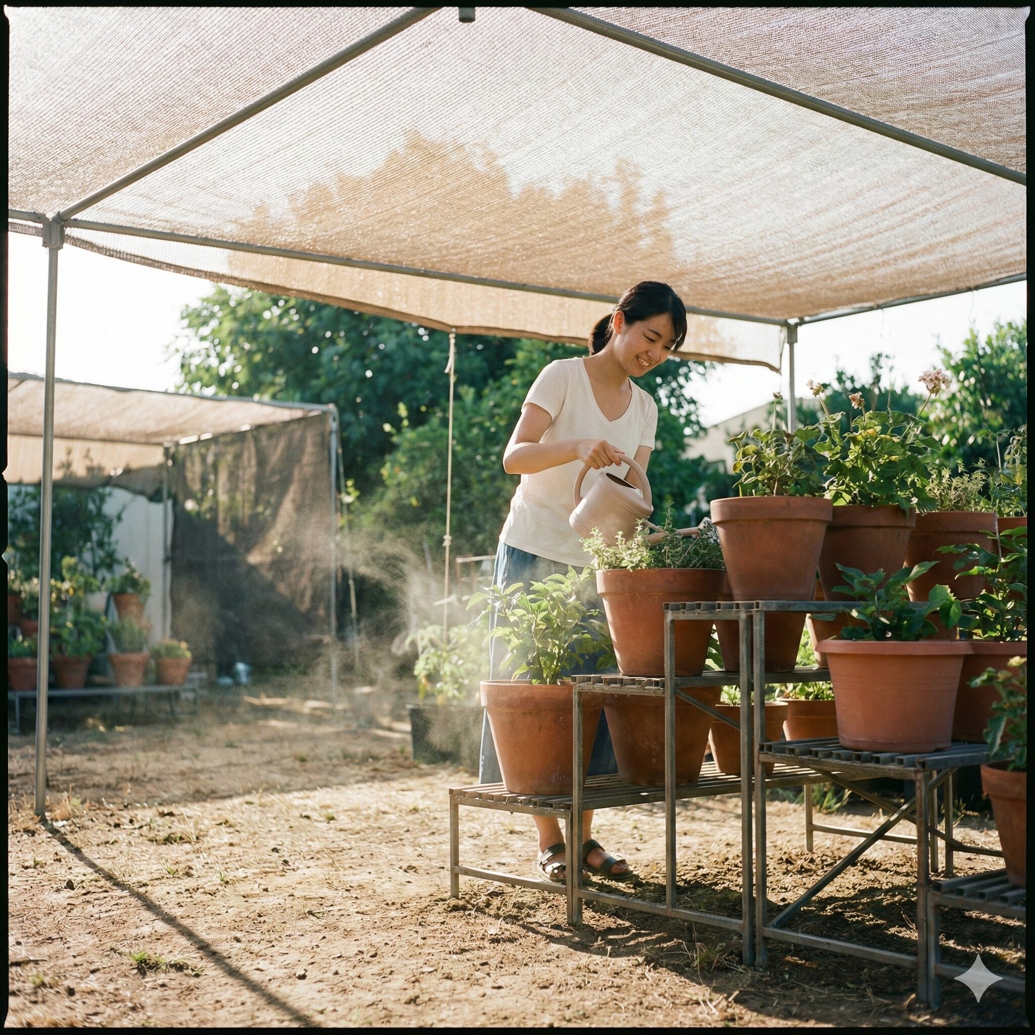 クリスマスローズ植え替え失敗10　クリスマスローズの夏越し対策。遮光ネットとスタンドによる温度上昇防止。