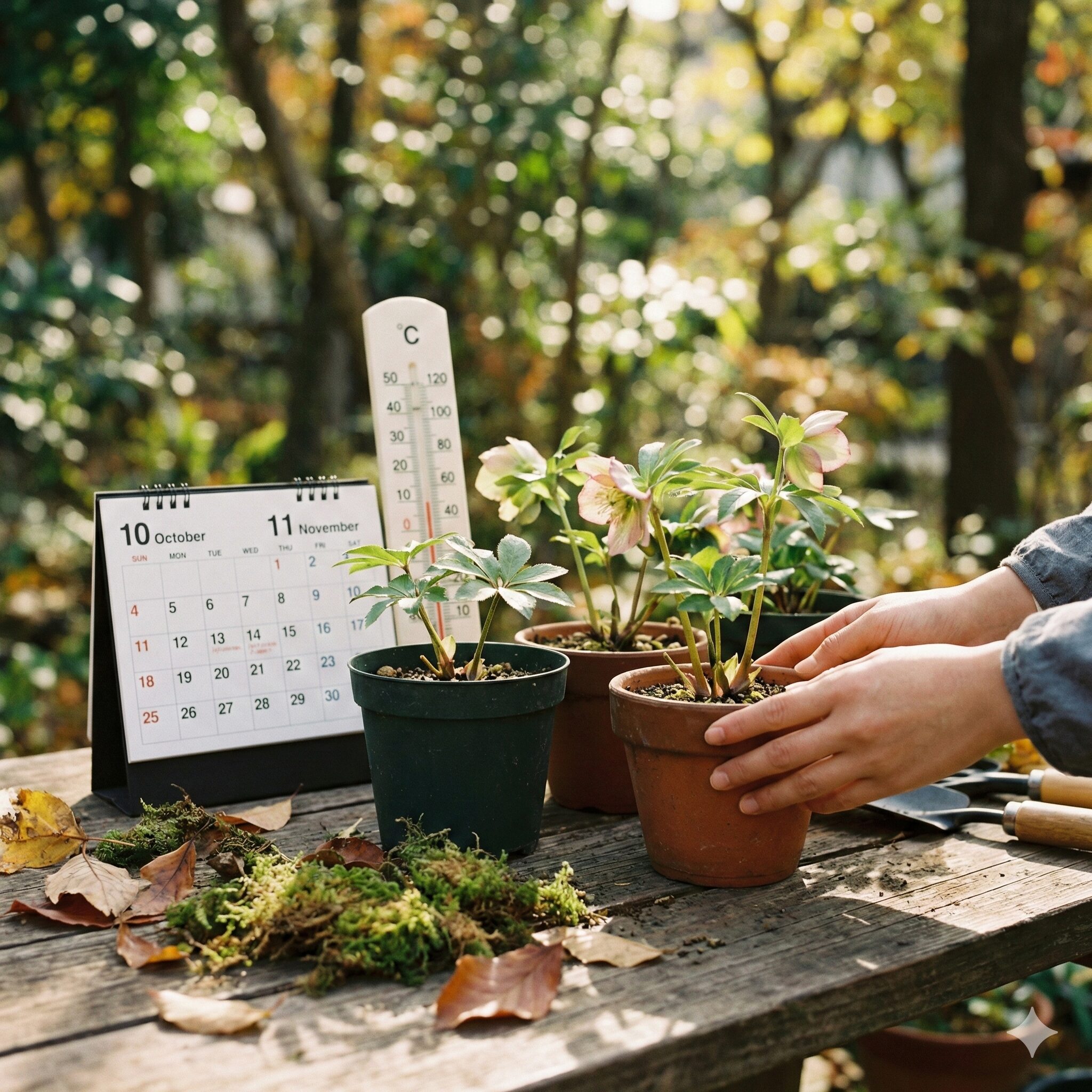 クリスマスローズ植え替え失敗2　クリスマスローズ植え替えの最適期である10月・11月を示すカレンダーと温度計。