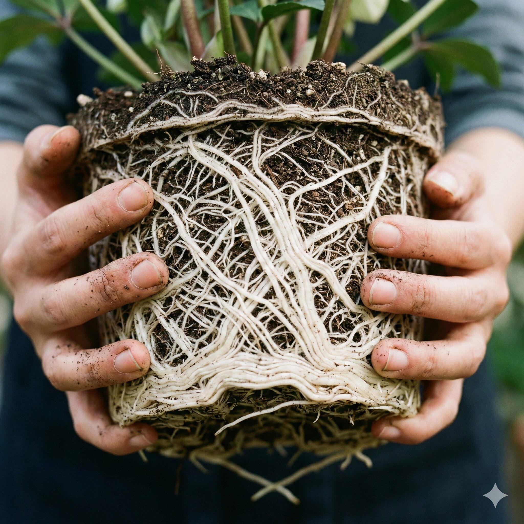 クリスマスローズ植え替え失敗3　鉢から抜いたクリスマスローズの根詰まり状態。白く健康な根がびっしりと回っている様子。