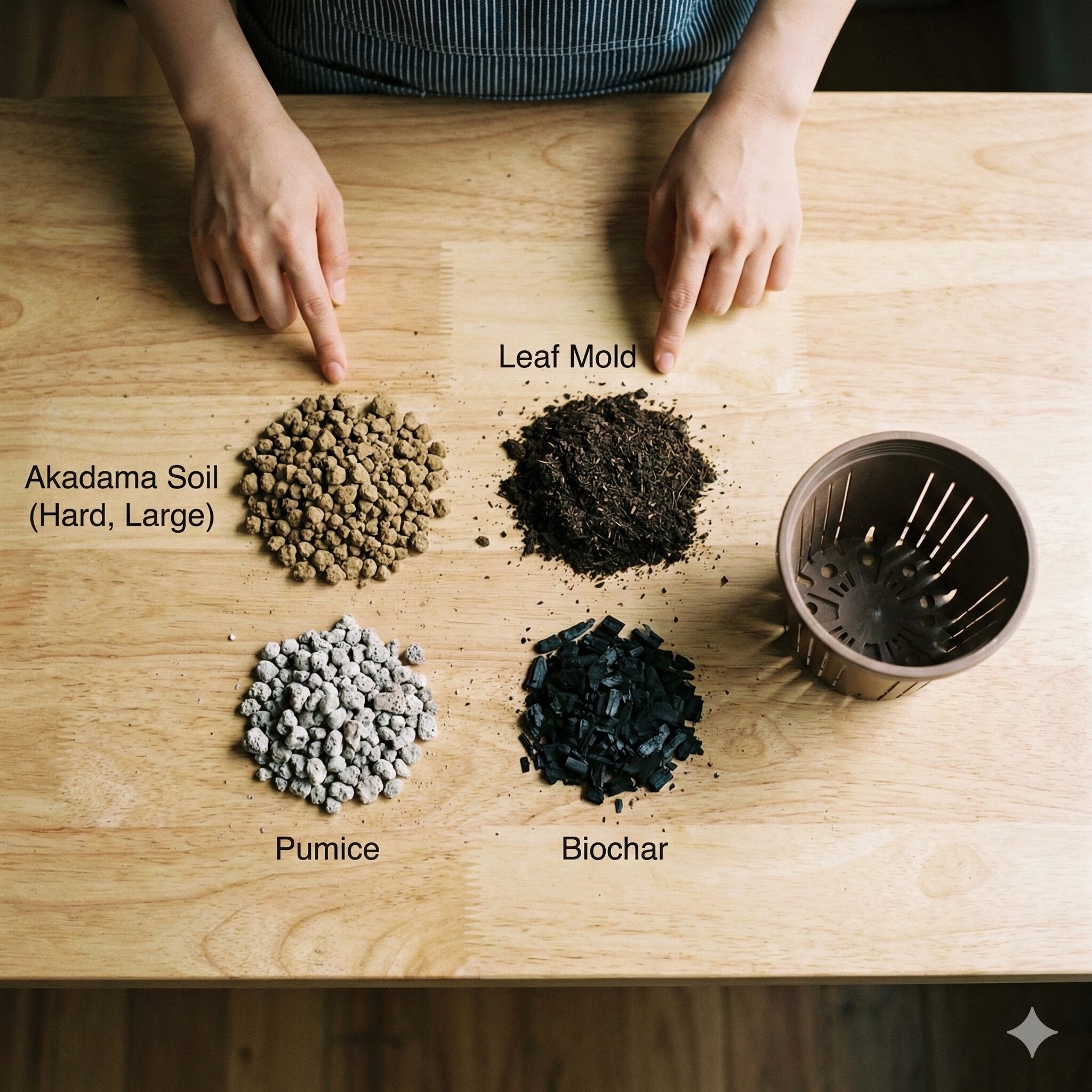 クリスマスローズ植え替え失敗4　クリスマスローズにおすすめの用土配合（赤玉土・腐葉土・軽石・クン炭）とスリット鉢。