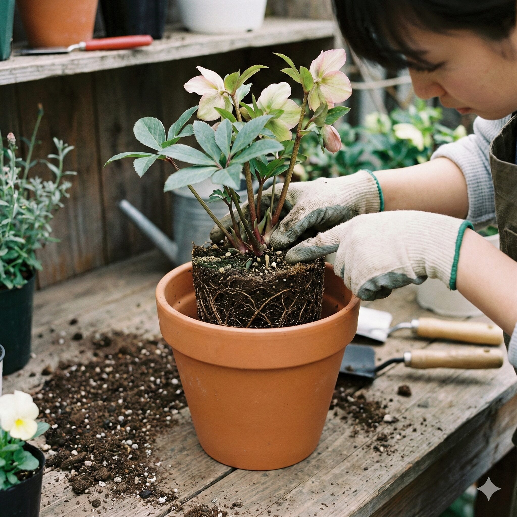クリスマスローズ植え替え失敗6　クリスマスローズの正しい植え付け深さ。芽点が土の表面と同じ位置にある様子。