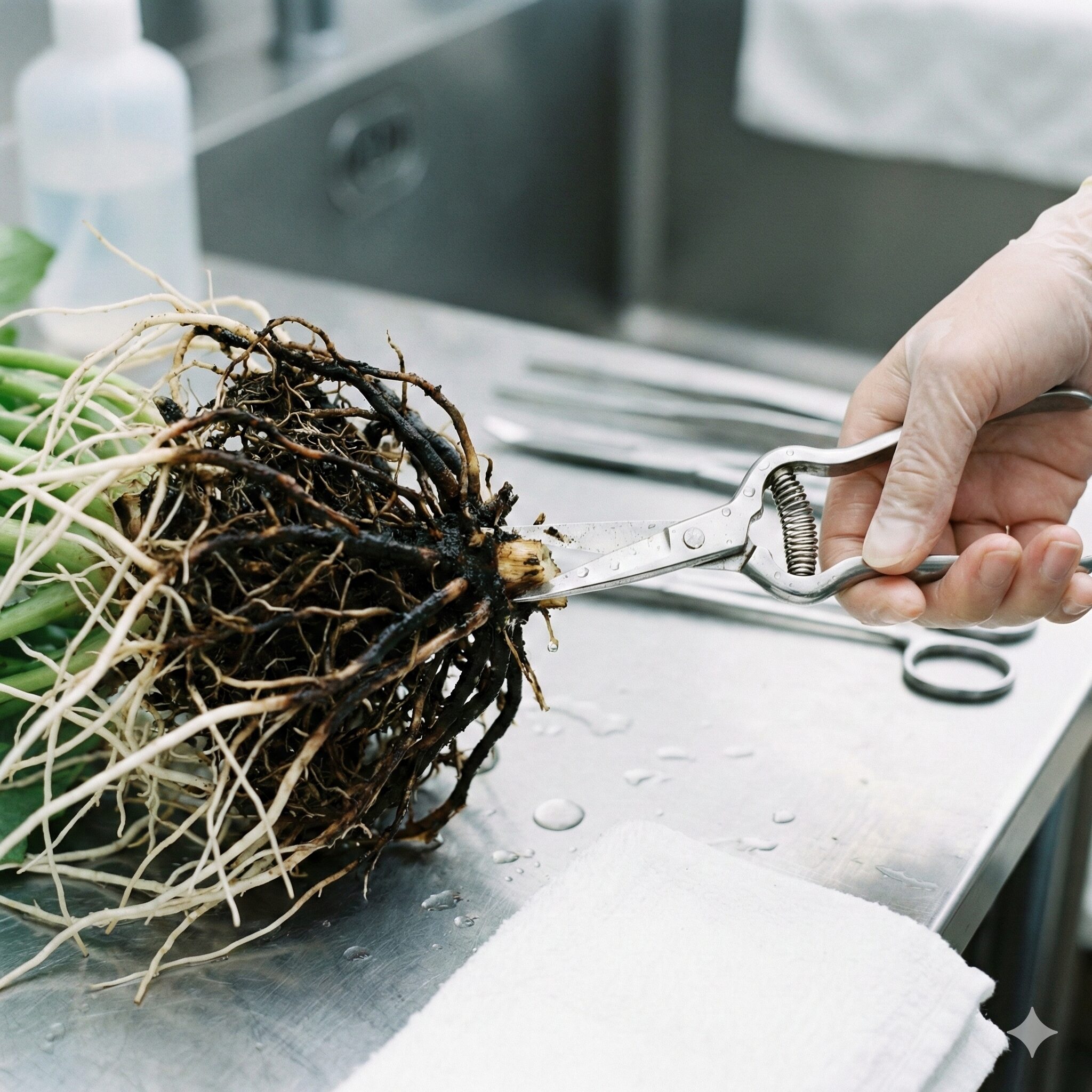 クリスマスローズ植え替え失敗7　クリスマスローズの根腐れ処置。黒い腐敗根をハサミでカットして取り除く様子。