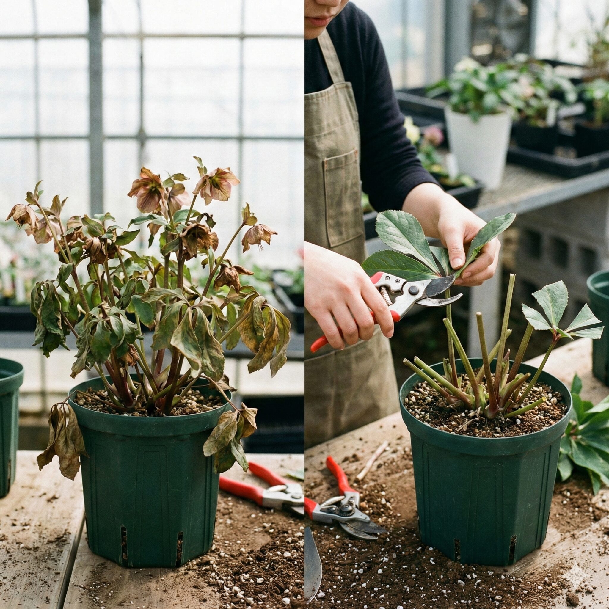 クリスマスローズ植え替え失敗8　クリスマスローズの蒸散を抑えるための葉の切り詰めと花の剪定。