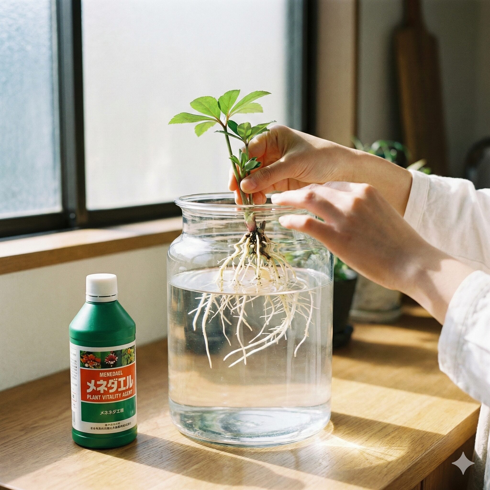 クリスマスローズ植え替え失敗9　クリスマスローズの根を活力剤の希釈液に浸して発根を促進させる様子。