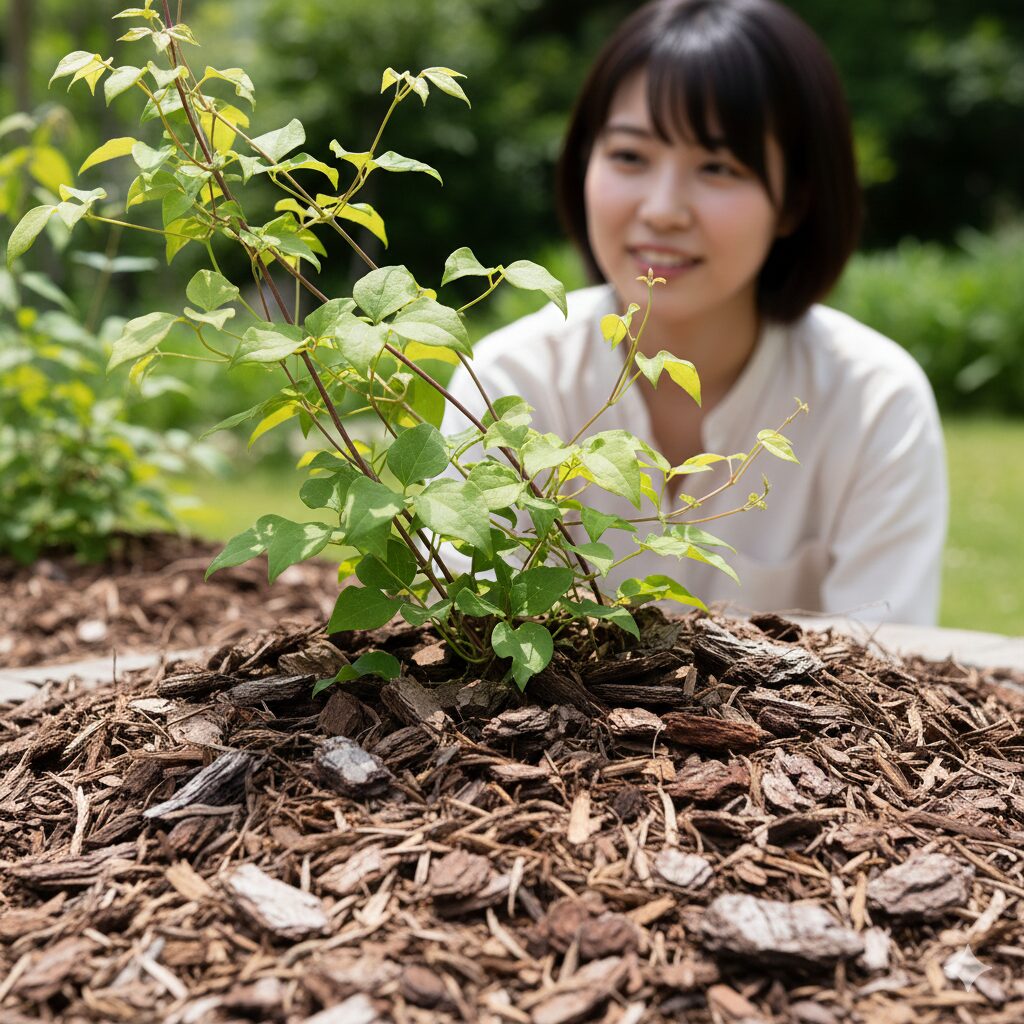 クレマチス 地植え 時期10　地温上昇と乾燥を防ぐためにバークチップでマルチングされたクレマチスの足元