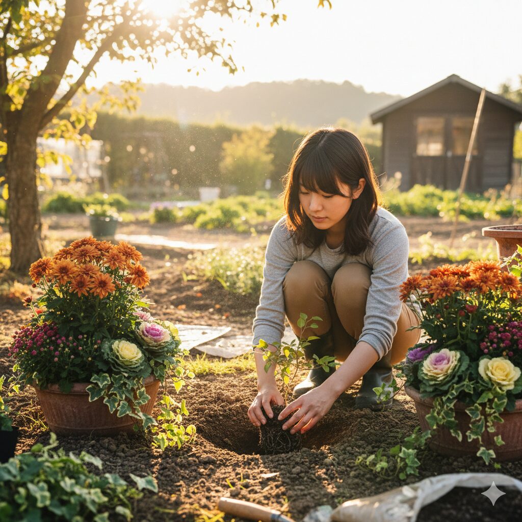 クレマチス 地植え 時期3　秋の穏やかな気候の中で翌春に向けてクレマチスを地植えする風景