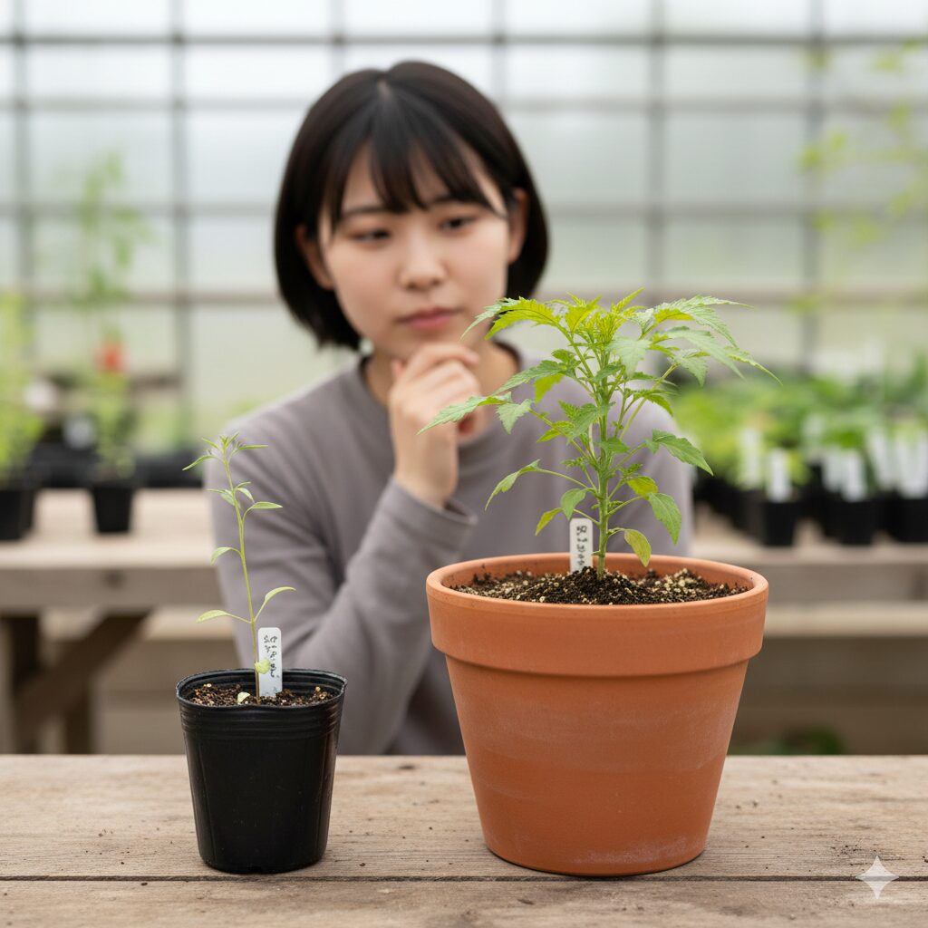 クレマチス 地植え 時期4　クレマチスの1年生苗と鉢上げ養生のための大きな深鉢の比較