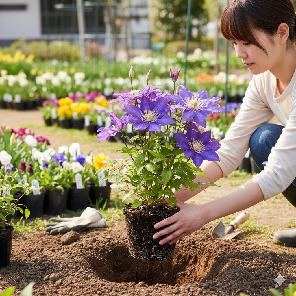 クレマチス 地植え 時期6　根鉢を崩さないように慎重にクレマチスの開花株を地植えする作業