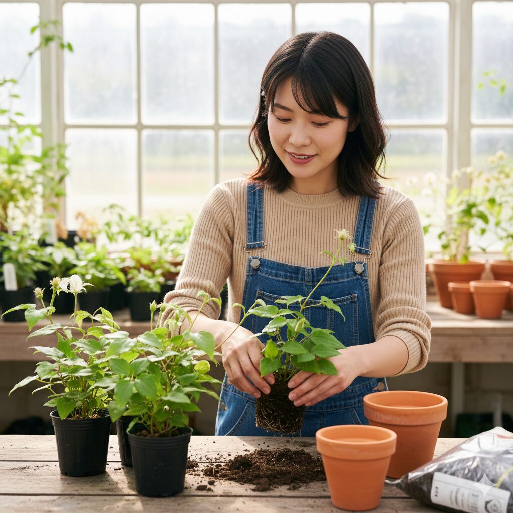 クレマチス 地植え 時期7　冬に開花する常緑系クレマチスの特徴的な葉と花の様子