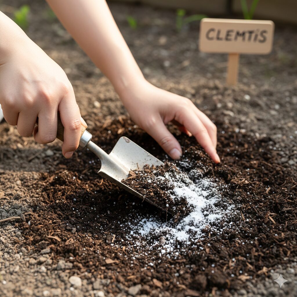 クレマチス 地植え 時期8　クレマチスのために苦土石灰や腐葉土を混ぜて土壌改良を行う様子