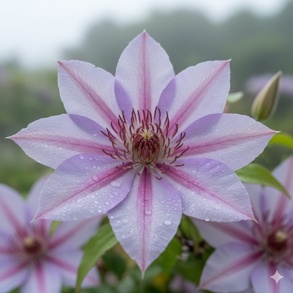 クレマチス 水面の妖精 育て方1　繊細な紫色のグラデーションが美しい、満開のクレマチス「水面の妖精」の開花写真。