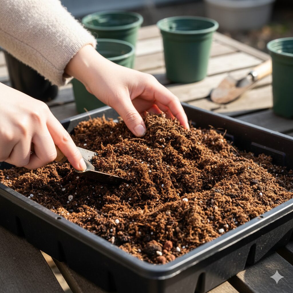 クレマチス 水面の妖精 育て方6　クレマチス「水面の妖精」の栽培に最適な、赤玉土や腐葉土をブレンドした排水性の良い配合土。