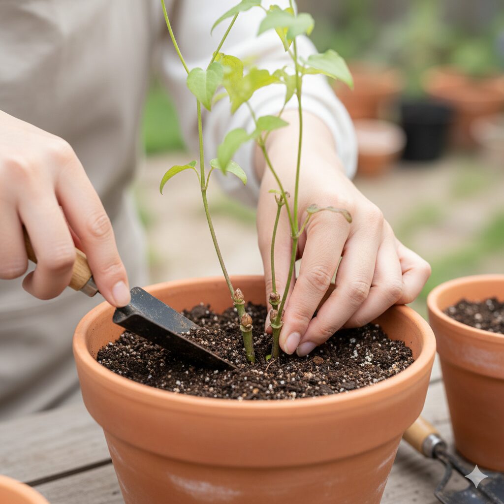 クレマチス 水面の妖精 育て方7　立枯病を防ぎ芽数を増やすための、クレマチスの重要なテクニック「節を1〜2節埋める深植え」の実演。