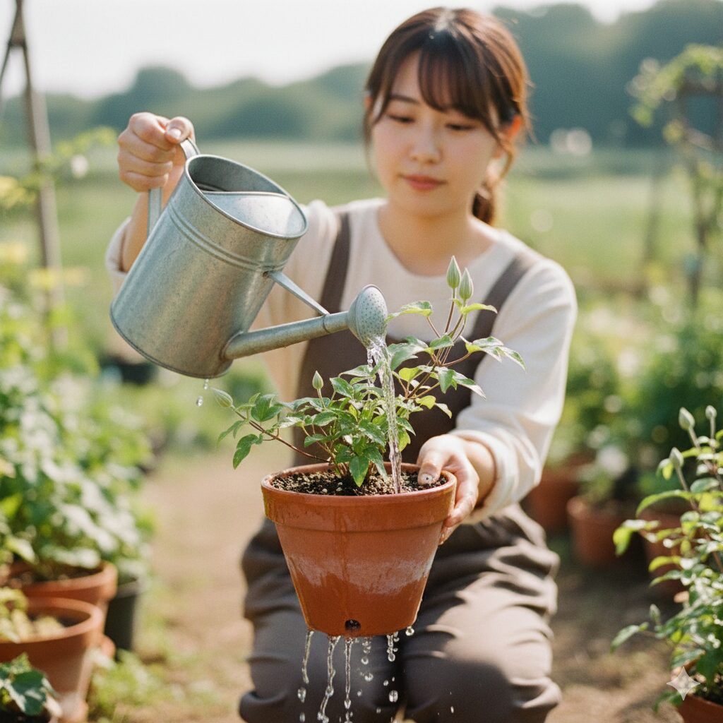 クレマチス 水面の妖精 育て方8　土の表面が乾いたタイミングで、鉢底から溢れるほどたっぷりと与えるクレマチスの正しい水やり。