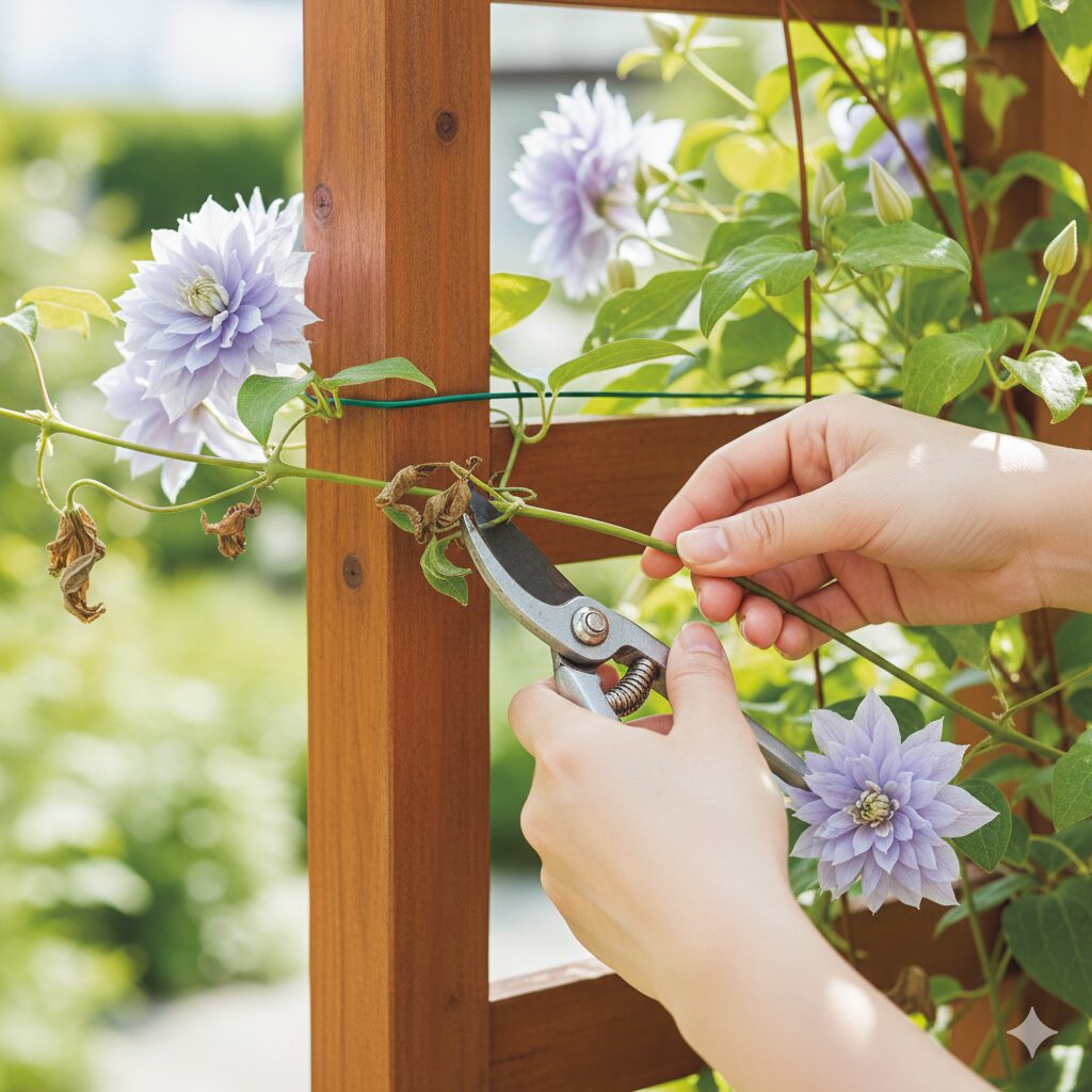 クレマチス 水面の妖精 育て方9　花付きを良くするために、ツルを水平方向に誘引し、節の上で適切に剪定するクレマチスの手入れ。
