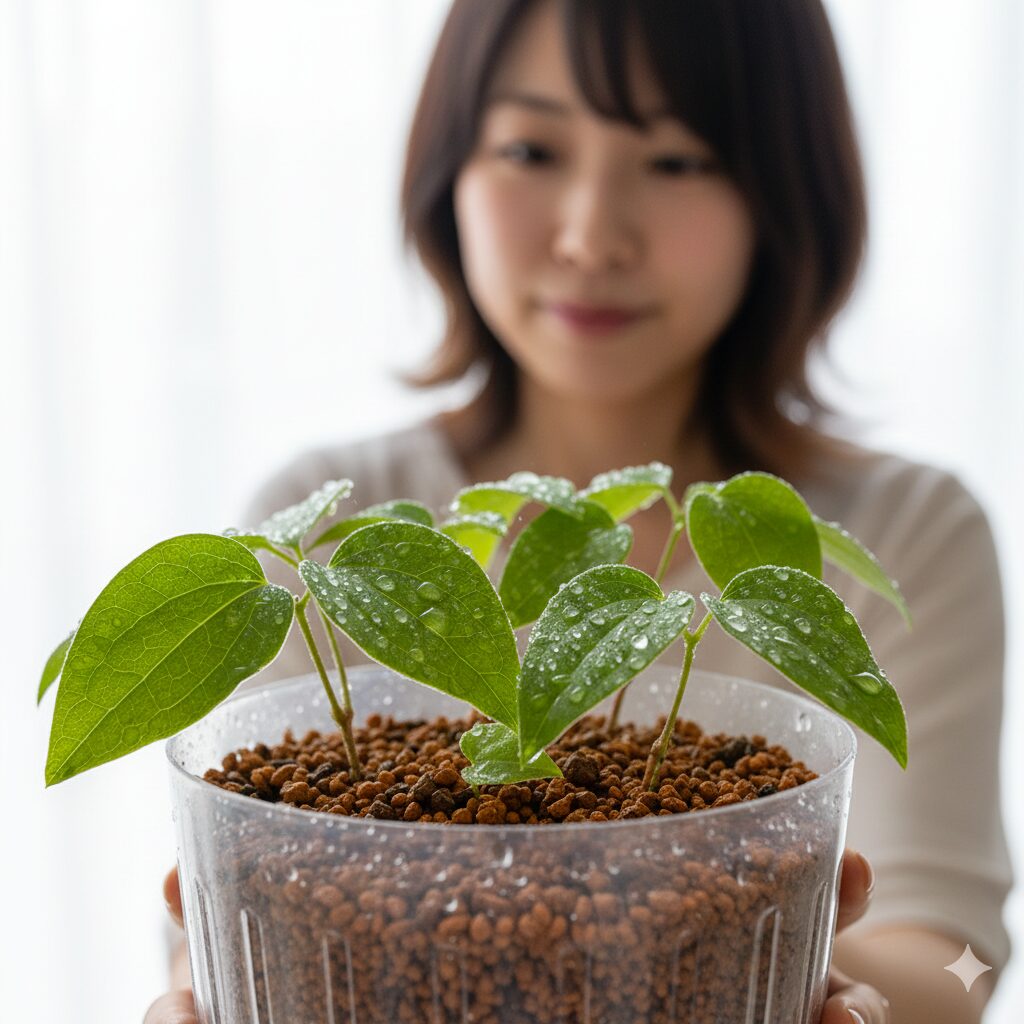 クレマチス 白万重 育て方10　節を土に埋め、葉を半分に切って蒸散を防いだクレマチス白万重の挿し木管理