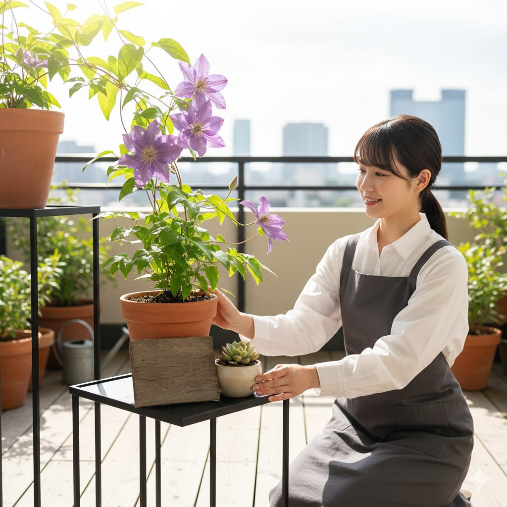 クレマチス 白万重 育て方2　フラワースタンドを使用し、株元の地温上昇を防ぐクレマチスの鉢植えの配置