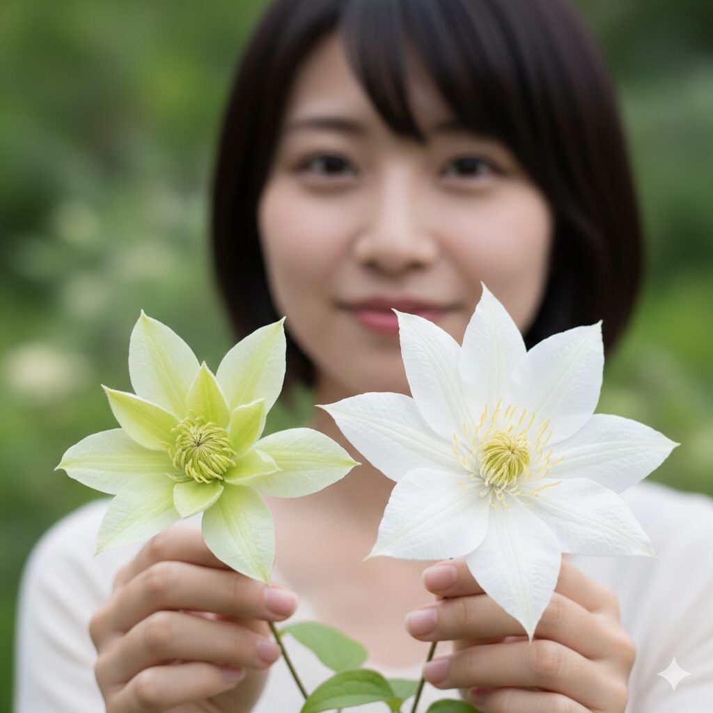 クレマチス 白万重 育て方3　クレマチス白万重の咲き始め（ミントグリーン）から満開（純白）への色の変化