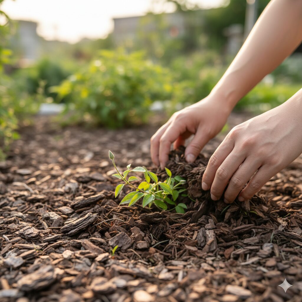 クレマチス 白万重 育て方4　クレマチスの株元にバークチップを敷き、地温上昇と乾燥を防ぐマルチング作業