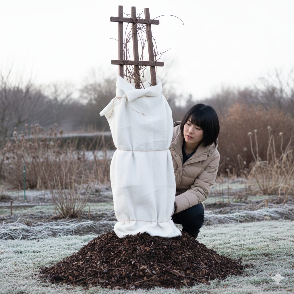 クレマチス 白万重 育て方5　寒冷地で不織布（パオパオ）を巻き、防寒対策を施したクレマチスの越冬風景