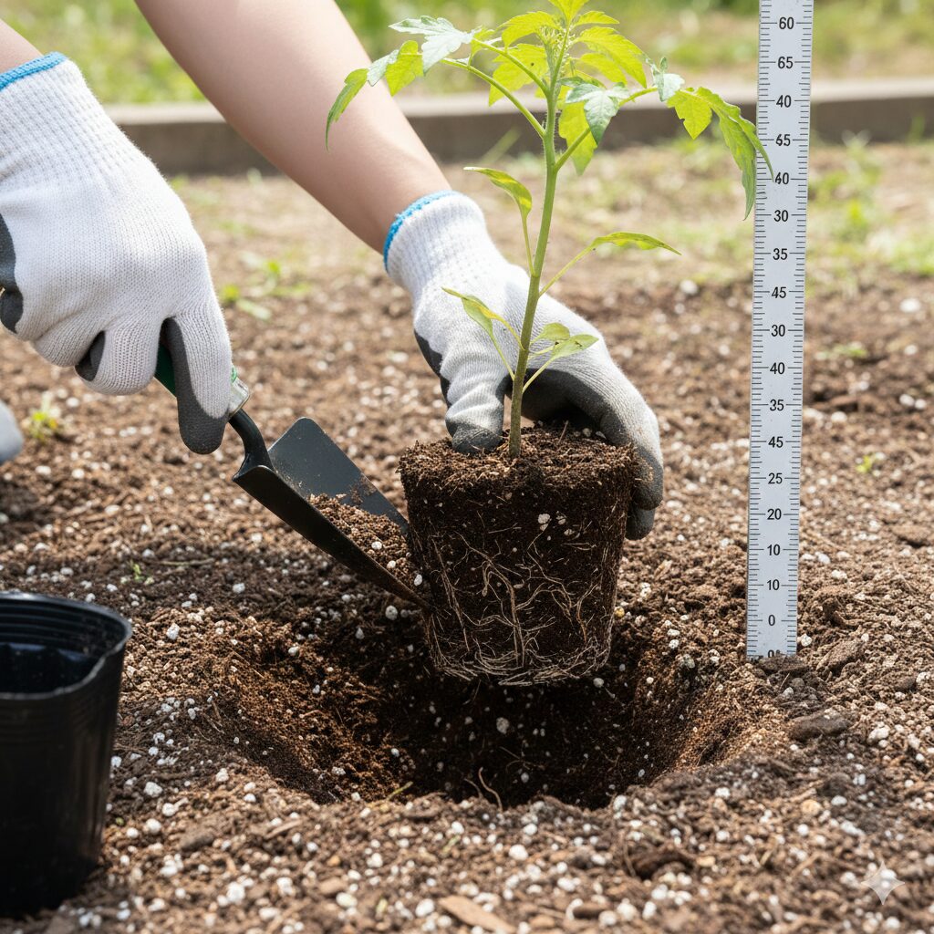 クレマチス 白万重 育て方6　立ち枯れ病対策として、節を1〜2節分土に埋めるクレマチスの「深植え」の実演