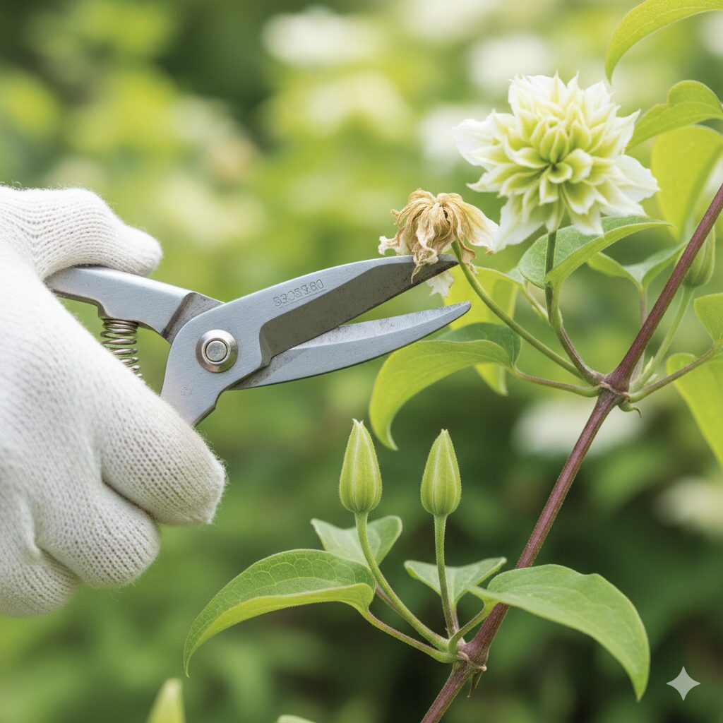 クレマチス 白万重 育て方8　クレマチス白万重の二番花を咲かせるための、花後の弱剪定（切り戻し）の位置