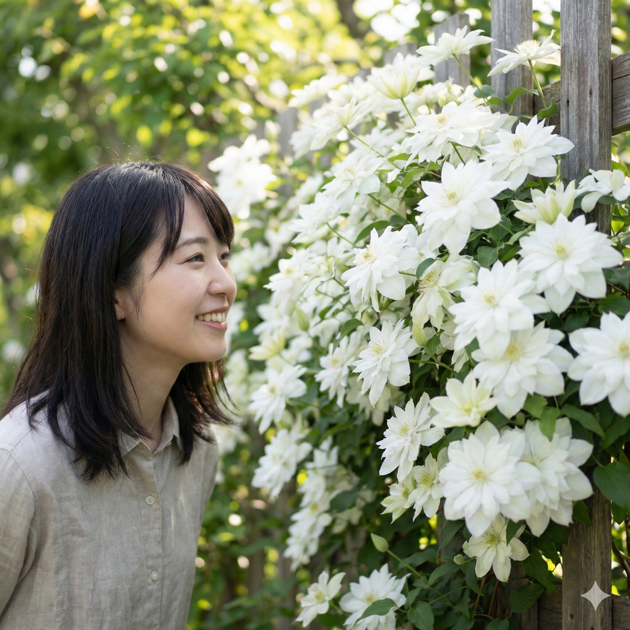 クレマチス 白万重 難しい1　庭のフェンスに満開に咲いた純白のクレマチス白万重の豪華な万重咲きの花