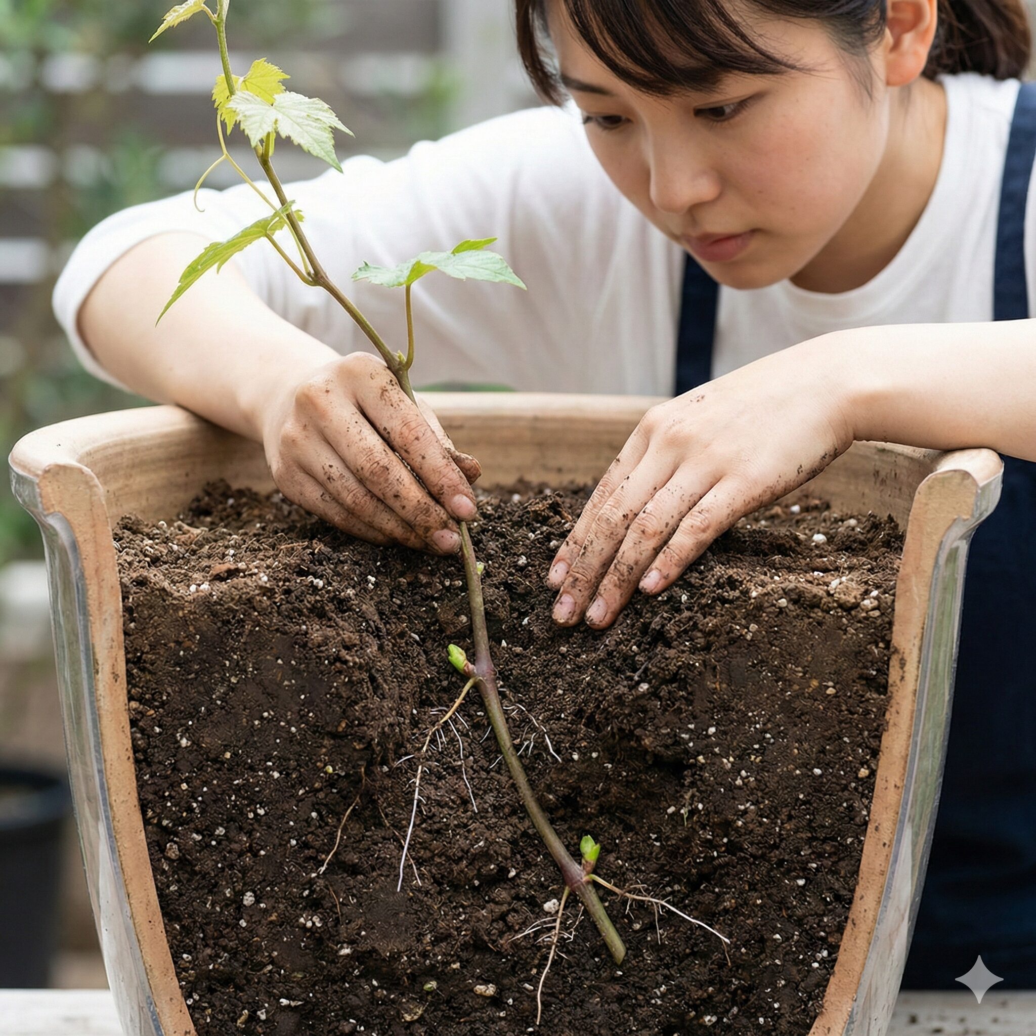 クレマチス 白万重 難しい5　立ち枯れ対策としてクレマチスの節を2節分土に埋める深植えのやり方