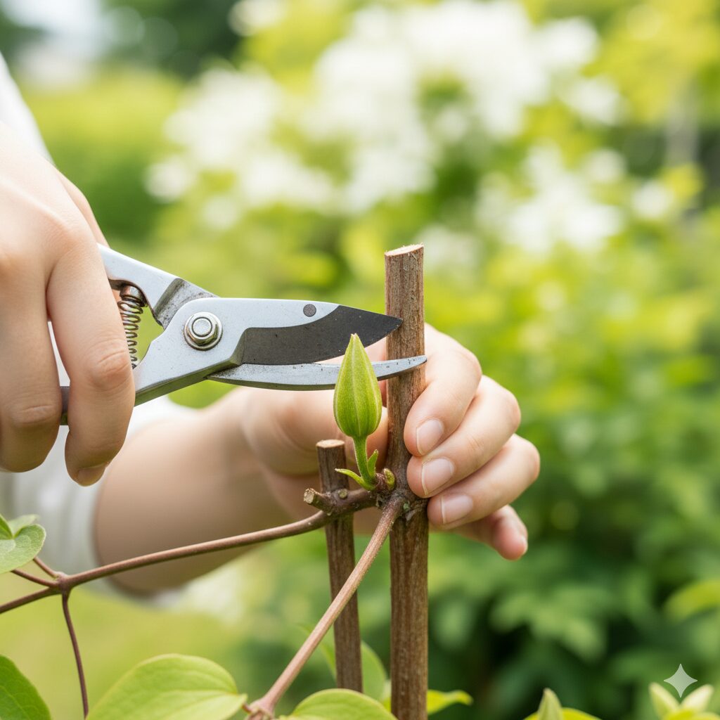 クレマチス 白万重 難しい6　クレマチス白万重の二番花を咲かせるための花後剪定のカット位置
