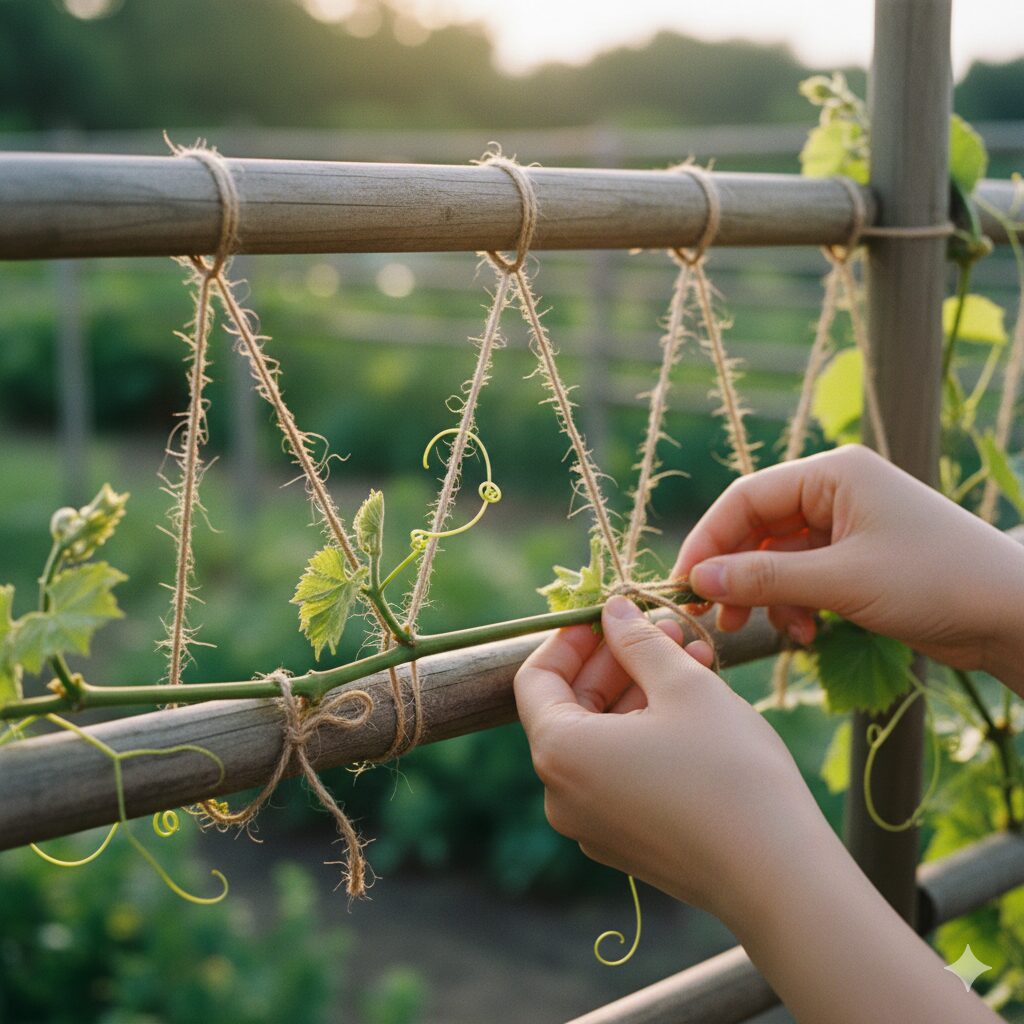 クレマチス 白万重 難しい8　花数を増やすためにクレマチスの蔓をトレリスに水平に誘引するコツ