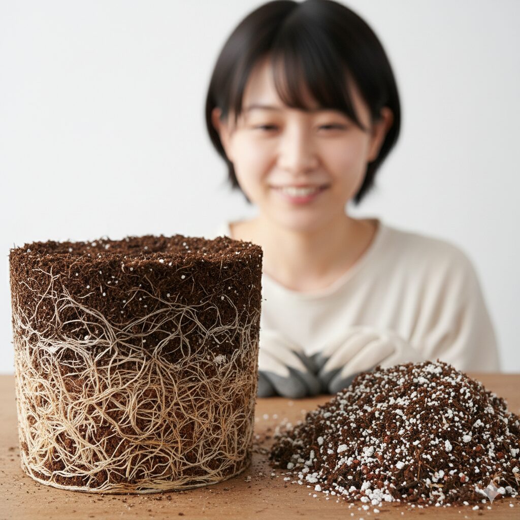 クレマチス 白万重 難しい9　植え替えが必要なクレマチスの根詰まり状態の根鉢と水はけの良い用土