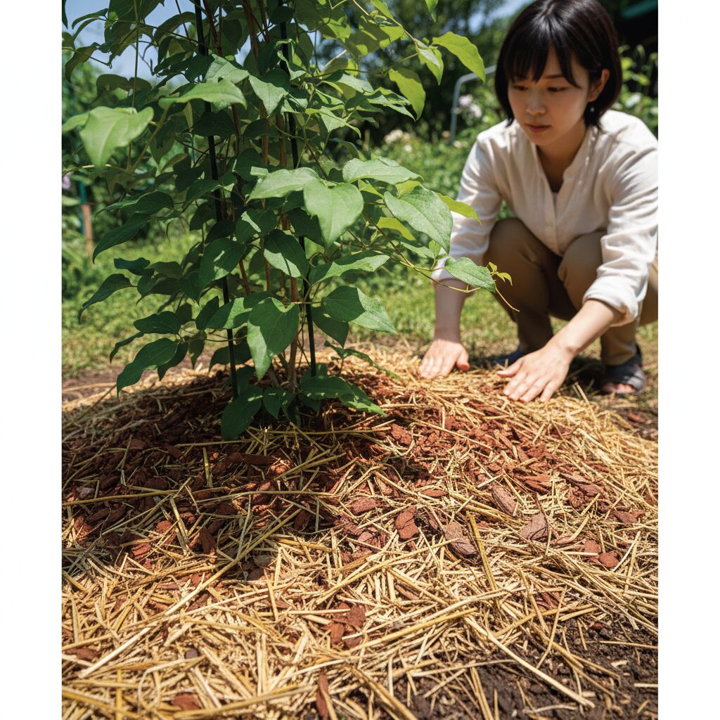 クレマチス 苗 出回る 時期10 夏の暑さからクレマチスの根を守る株元へのウッドチップマルチング